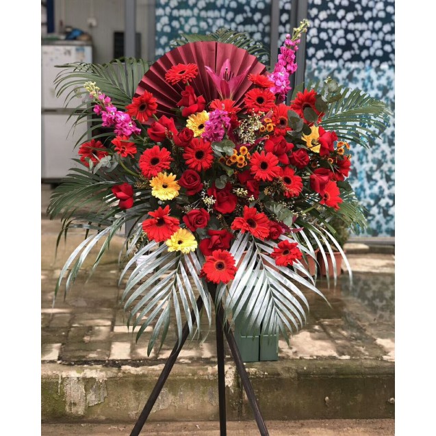 開張花籃 紅色太陽花玫瑰  0123